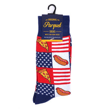 Load image into Gallery viewer, Parquet Men’s American Flag Foodie Novelty Crew Socks – Hot Dogs & Pizza