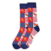 Load image into Gallery viewer, Parquet Men’s American Flag Foodie Novelty Crew Socks – Hot Dogs & Pizza