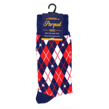 Load image into Gallery viewer, Parquet Men’s Argyle Pattern Crew Socks – Red, Navy & White