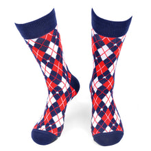 Load image into Gallery viewer, Parquet Men’s Argyle Pattern Crew Socks – Red, Navy & White
