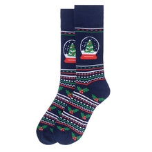 Load image into Gallery viewer, Parquet Snow Globe Novelty Crew Socks – Navy Christmas Theme