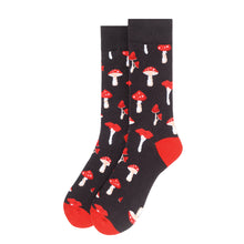 Load image into Gallery viewer, Parquet Men’s Red Mushroom Pattern Novelty Crew Socks – Black & Red