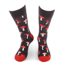 Load image into Gallery viewer, Parquet Men’s Red Mushroom Pattern Novelty Crew Socks – Black & Red