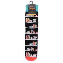 Load image into Gallery viewer, Parquet Men’s Bookshelf Novelty Crew Socks – Black, Turquoise & Orange