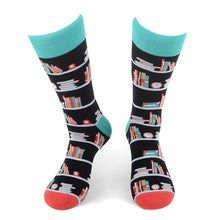 Load image into Gallery viewer, Parquet Men’s Bookshelf Novelty Crew Socks – Black, Turquoise & Orange