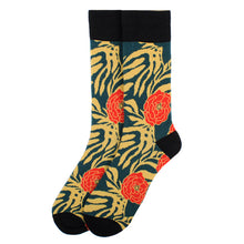 Load image into Gallery viewer, Parquet Men’s Floral Design Novelty Crew Socks – Teal, Gold & Red