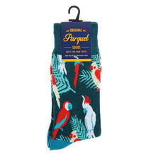 Load image into Gallery viewer, Parquet Men’s Tropical Bird Novelty Crew Socks – Teal with Light Blue & Red