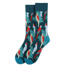 Load image into Gallery viewer, Parquet Men’s Tropical Bird Novelty Crew Socks – Teal with Light Blue & Red