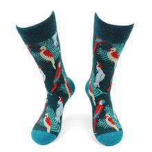 Load image into Gallery viewer, Parquet Men’s Tropical Bird Novelty Crew Socks – Teal with Light Blue & Red