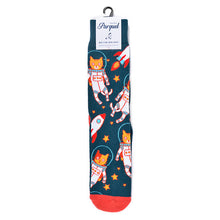 Load image into Gallery viewer, Parquet Men’s Space Cat Novelty Crew Socks – Navy