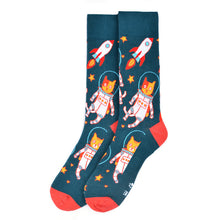 Load image into Gallery viewer, Parquet Men’s Space Cat Novelty Crew Socks – Navy