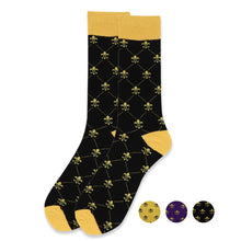 Load image into Gallery viewer, Feraricci Men’s Fleur-de-lis Novelty Crew Socks with Dotted Line – Yellow, Black, or Purple