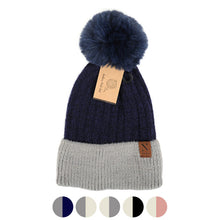 Load image into Gallery viewer, Women's Winter Hat - Pom Pom Two-Tone Knit Hat