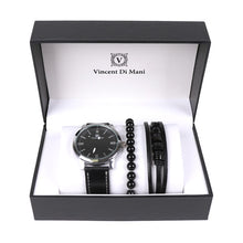 Load image into Gallery viewer, Vincent Di Mani Men's Watch &amp; Bracelet Gift Set – 3-Piece Black &amp; Silver Leather Boxed Set
