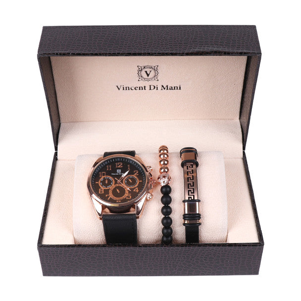 Vincent Di Mani Men's Watch & Bracelet Gift Set – 3-Piece Rose Gold Black Leather Set