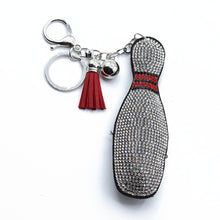 Load image into Gallery viewer, Nollia Bling Crystal Bowling Pin Bag Charm – Sparkly Sports Keychain
