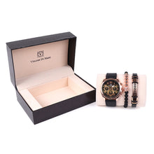 Load image into Gallery viewer, Vincent Di Mani Men&#39;s Watch &amp; Bracelet Gift Set – 3-Piece Rose Gold Black Leather Set
