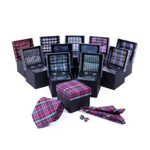 Load image into Gallery viewer, Clericci 12-Piece ASSORTED Spring/Summer Plaid Tie, Hanky &amp; Cufflink Gift Box Set
