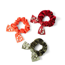 Load image into Gallery viewer, Nollia 3-Pack Velvet Scrunchie Set with Pearl Ribbon – Rich Tones Hair Accessories
