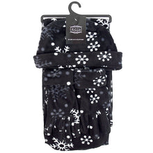 Load image into Gallery viewer, Nollia Women’s Black Fleece Snowflake Winter Hat, Scarf &amp; Gloves Set
