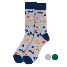 Load image into Gallery viewer, Parquet Men’s Camping Pattern Novelty Crew Socks – Gray or Green
