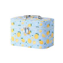 Load image into Gallery viewer, Nollia Medium Lemon Print Makeup Train Case – Blue Cosmetic Organizer with Mirror &amp; Handle for Travel or Home

