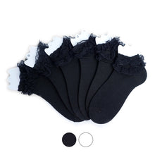 Load image into Gallery viewer, 12-Pack Solid Color Frilly Lace Ankle Socks for Women – Black or White
