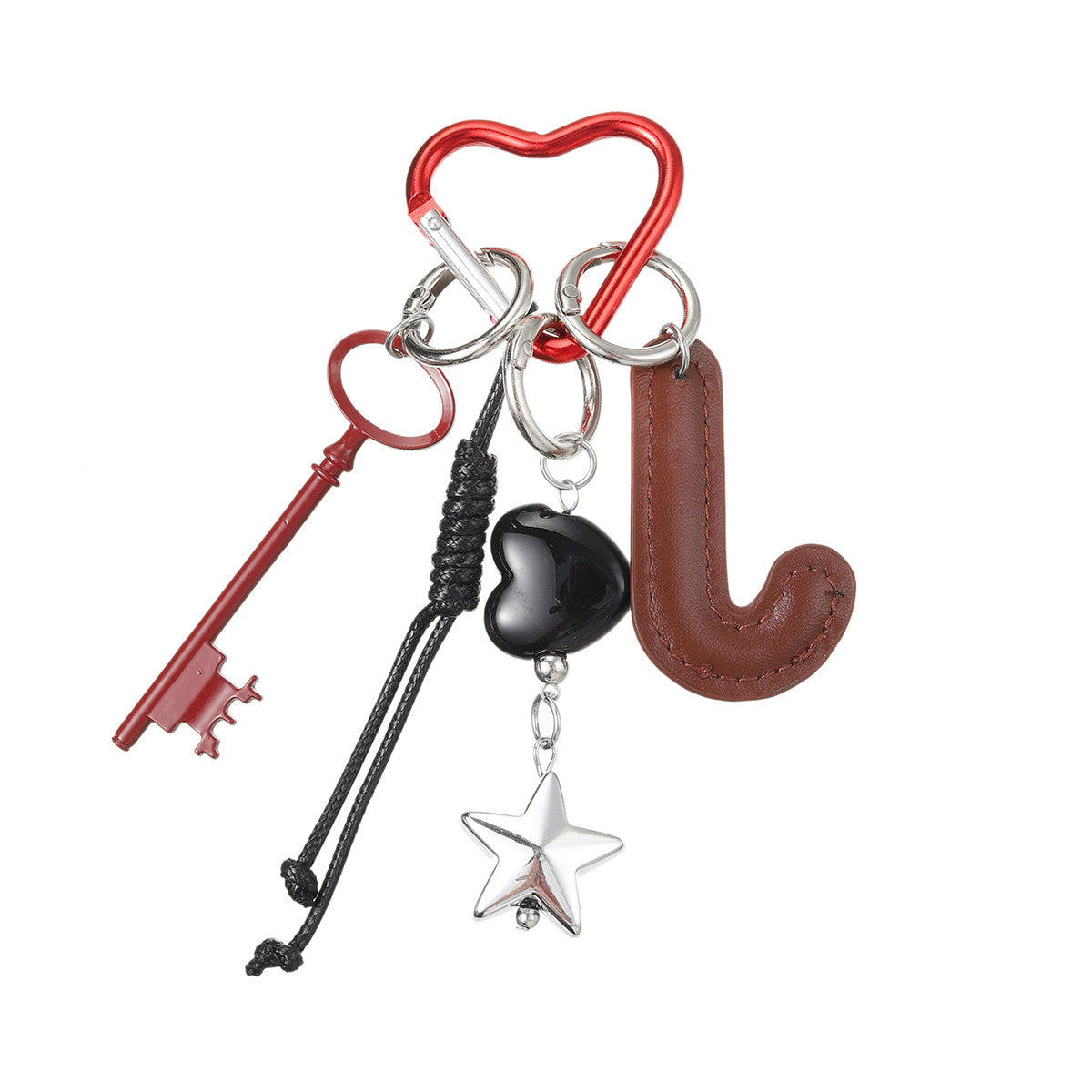 Brown “J” Initial Bag Charm with Red Heart Clip & Star Accent
