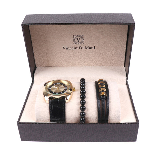 Vincent Di Mani Men's Watch & Bracelet Gift Set – 3-Piece Leather & Bead Boxed Set