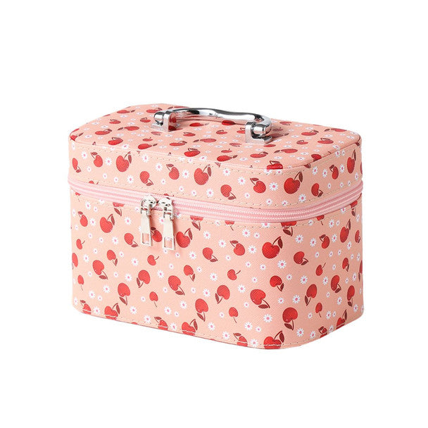 Nollia Medium Cherry & Daises Print Makeup Train Case – Pink Cosmetic Organizer with Mirror & Handle