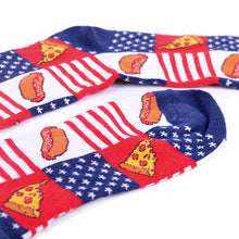 Load image into Gallery viewer, Parquet Men’s American Flag Foodie Novelty Crew Socks – Hot Dogs &amp; Pizza
