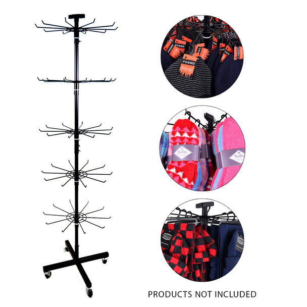 Black Metal Rotating Display Rack with 5 Tiers & Wheels – Adjustable Hat, Glove & Sock Organizer