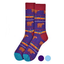 Load image into Gallery viewer, Parquet Men’s Brown Bear Fun Novelty Crew Socks – Purple or Light Blue
