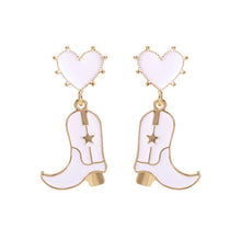 Load image into Gallery viewer, Nollia Cowboy Boot Earrings – Pink or White with Gold Accents, Western Heart Dangle Style
