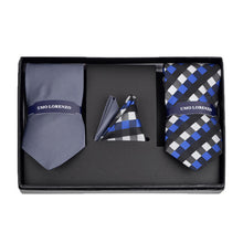 Load image into Gallery viewer, Umo Lorenzo Charcoal/Blue Geometric &amp; Solid Tie with Matching Hanky Gift Box Set – 4pc Men’s Formal Accessory Set
