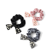 Load image into Gallery viewer, Nollia 3-Pack Velvet Scrunchie Set with Pearl Ribbon – Classic Neutrals Collection
