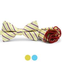 Load image into Gallery viewer, Laurant Bennet Striped Banded Bow Tie &amp; Matching Hanky Pocket Round Set
