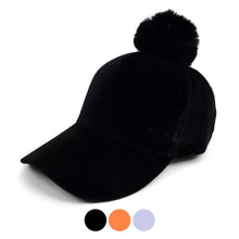Load image into Gallery viewer, Black Velour Baseball Cap with Faux Fur Pom Pom – Adjustable | 3 Pom Colors
