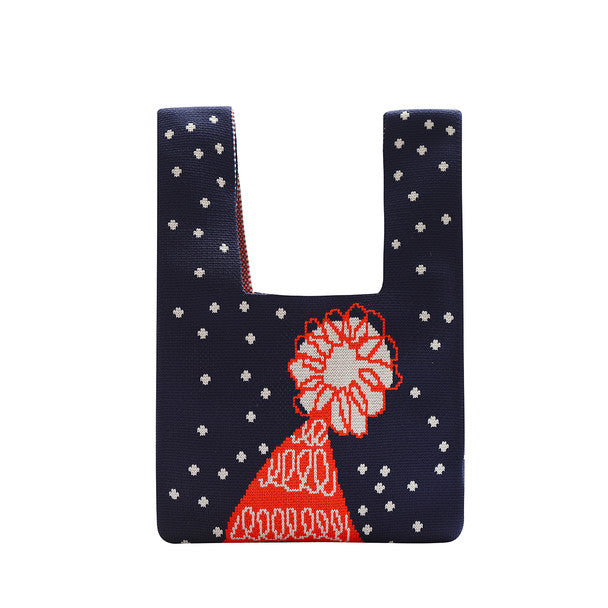 Nollia Navy Christmas Hat & Snow Mini Knit Tote Bag