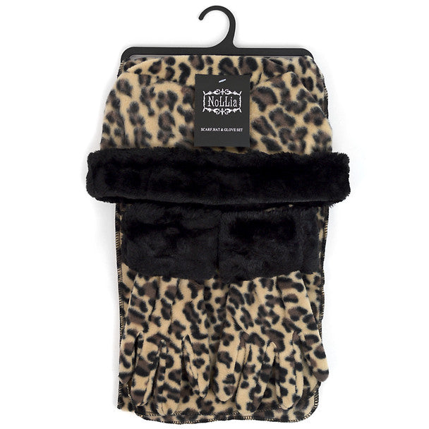 Nollia Women’s Fleece Leopard Print with Fur Trim Winter Hat, Scarf & Gloves Set