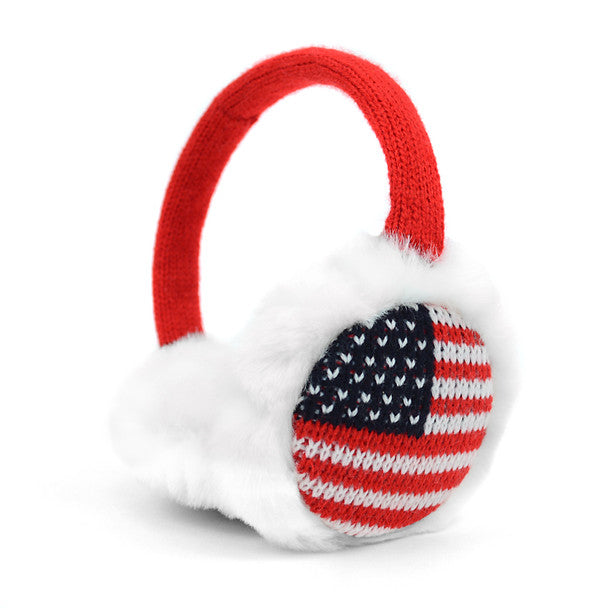 American Flag Knit Winter Ear Muffs with White Fur Trim – Adjustable Over-the-Head Design