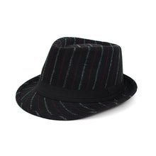 Load image into Gallery viewer, Westend Fall/Winter Black Wool-Type Trilby Fedora Hat with Burgundy &amp; Gray Stripes
