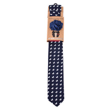 Load image into Gallery viewer, Feraricci Men's Navy Petite Bows Cotton Skinny Tie Gift Set – Includes Pocket Square &amp; Lapel Flower
