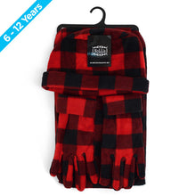 Load image into Gallery viewer, Nollia Kid’s Red Plaid Fleece Winter Hat, Scarf &amp; Gloves Set (Ages 6–12)
