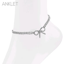 Load image into Gallery viewer, Silver Rhinestone Dainty 2-Line Bow Anklet – Adjustable Elegant Sparkle Jewelry
