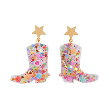 Load image into Gallery viewer, Nollia Confetti Glitter Cowboy Boots Earrings – Floral &amp; Swirl Statement Western Style
