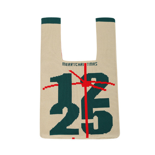 Nollia Christmas knit tote bag with 12/25 design