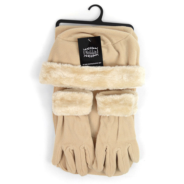 Nollia Women’s Fleece Winter Hat, Scarf & Gloves Set with Faux Fur Trim