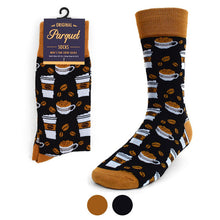 Load image into Gallery viewer, Parquet Men’s Coffee Cups Novelty Crew Socks – Black &amp; Brown Options
