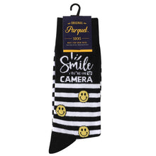 Load image into Gallery viewer, Parquet Men’s “Smile You’re on Camera” Novelty Crew Socks – Black
